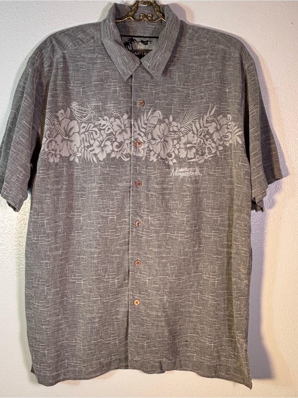 Jimmy Buffett Margaritaville 100% Silk Hawaiian Shirt Men’s M Tropical Gray